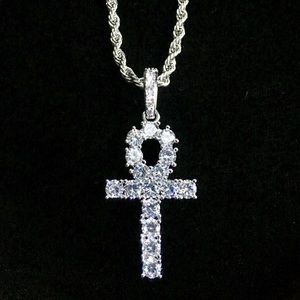 ANKH FULL DIAMONDS CZ 18K WHITE GOLD ROPE ITALY